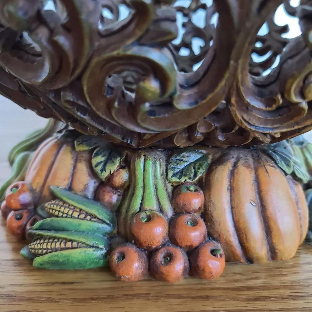 Vintage Thanksgiving Fall Ornate Reticulated Pedestal Bowl Wood-Look Resin